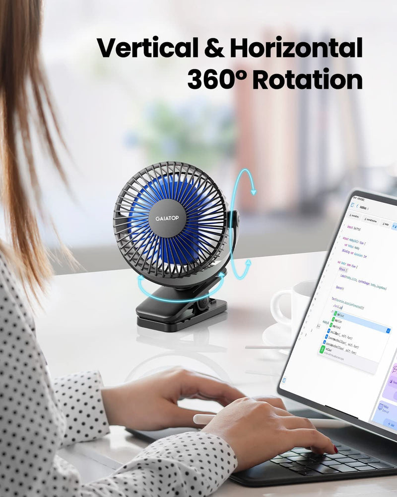 Gaiatop Portable Clip on Fan Battery Operated, Small Powerful USB Desk Fan, 3 Speed Quiet Rechargeable Mini Table Fan, 360° Rotate Personal Cooling Fan for Home Office Stroller Camping Black Blue