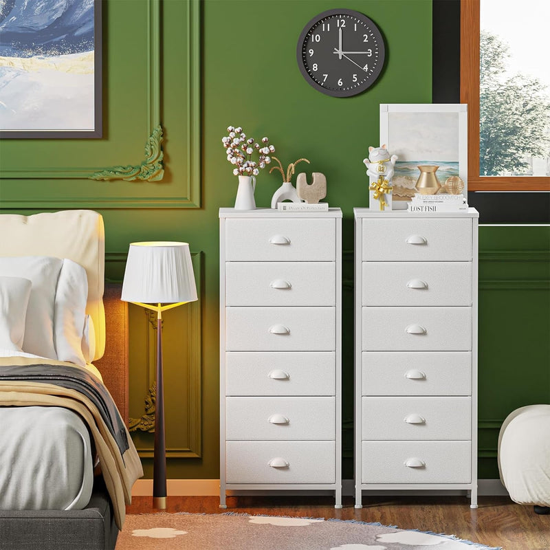 Furnulem White Tall Dresser for Bedroom,Vertical Storage Tower Unit and End Table with 6 Drawers, Nightstand Furniture with Fabric Drawer Organizer in Living Room,Closet,Entryway,Hallyway