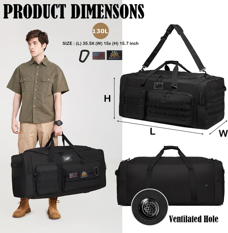 Extra Large Duffle Bag for Men, Heavy Duty Duffle Bag for Travel, Large Sports Gym Equipment Bag for Hockey Football Soccer Baseball Basketball & Team Training, 130L, Black