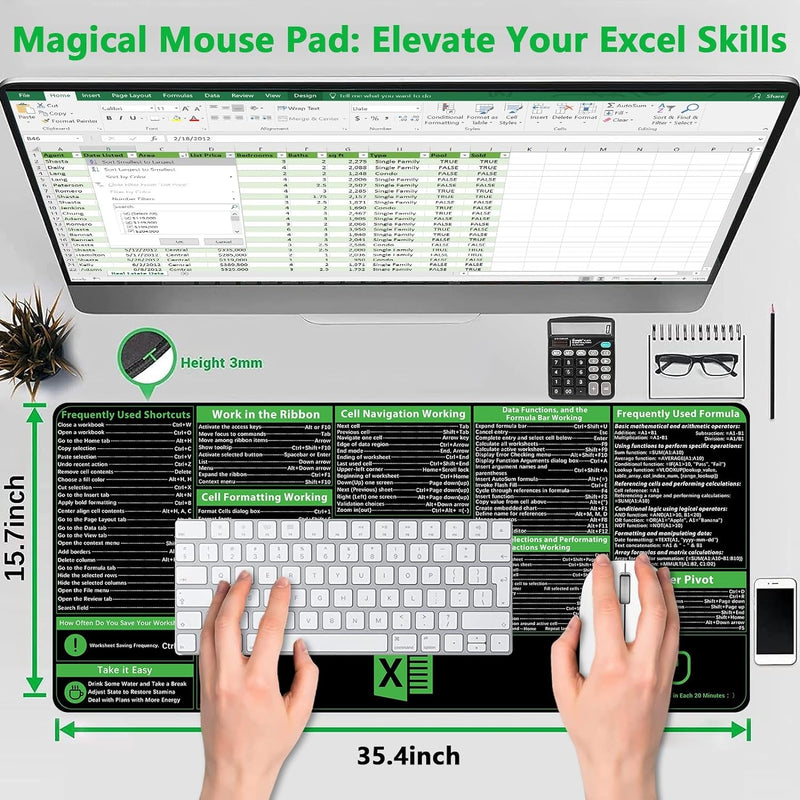 Excel Shortcuts Mousepad, Upgraded Pro Version, Extended Office Desk Mat, Stitched Edges, Non-Slip Base Keyboard Mats, XXL Giant Mouse Pads for Desk, 35.4”X15.7”, Employee Appreciation Gifts