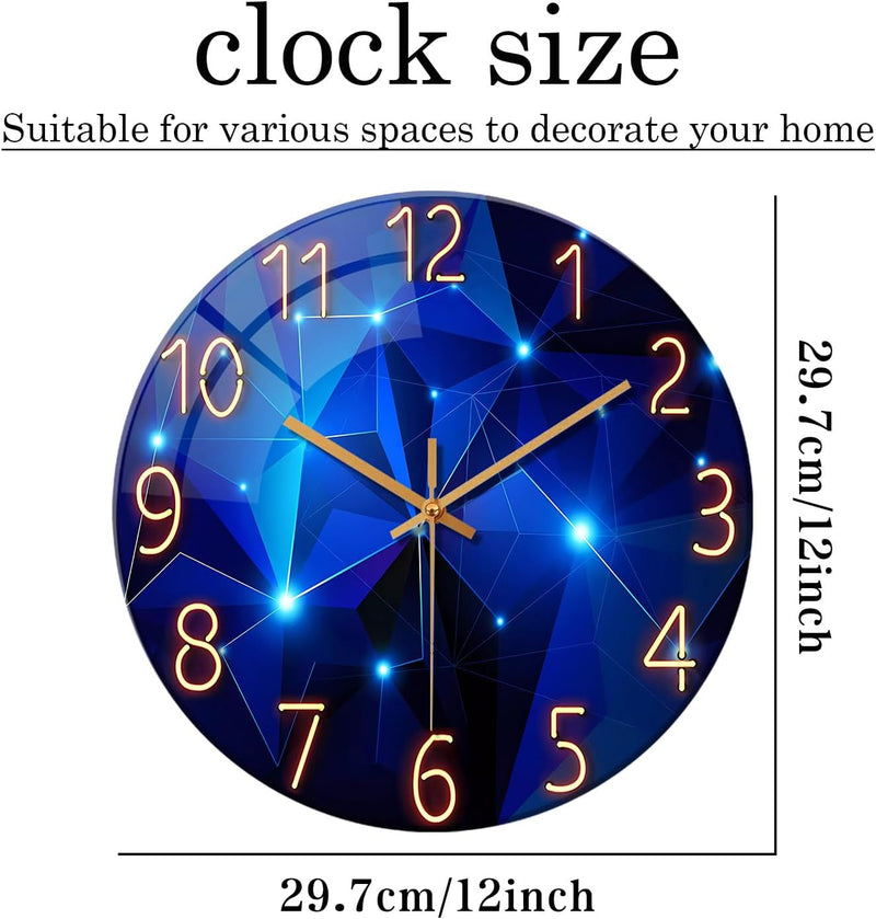 Blue Wall-Clocks for Living Room Decor - Kitchen Clocks Wall Battery Operated - 12 Inch round Glass Decorative Wall Clock Non Ticking