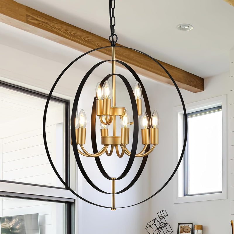 15.8'' Black Gold 8-Light Sputnik Chandelier Modern Industrial Adjustable Hanging Geometric Pendant Light Fixture for Entryway Foyer Stairway Hallway Bedroom Living Room Kitchen Island