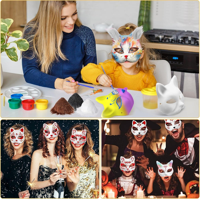 6PCS Therian Mask Kit, Cat Mask with Eye Mesh Gem Stickers Acrylic Pigment and Animal Hair, DIY Blank Animal Masks for Costume Party, Cosplay, Halloween Costume