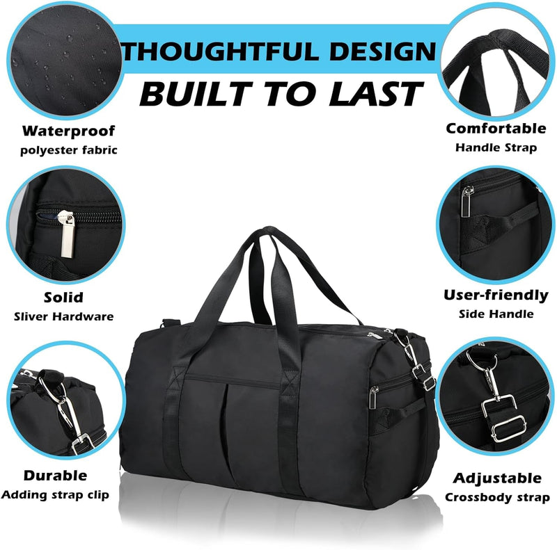 DAYGOS Gym Bag for Men, 40L Waterproof Sports Duffle Bags with Shoe & Wet Compartment, Small Carry on Travel Tote Bags with Trolley Sleeve for Personal Item, Fitness & Workout Gear, Black