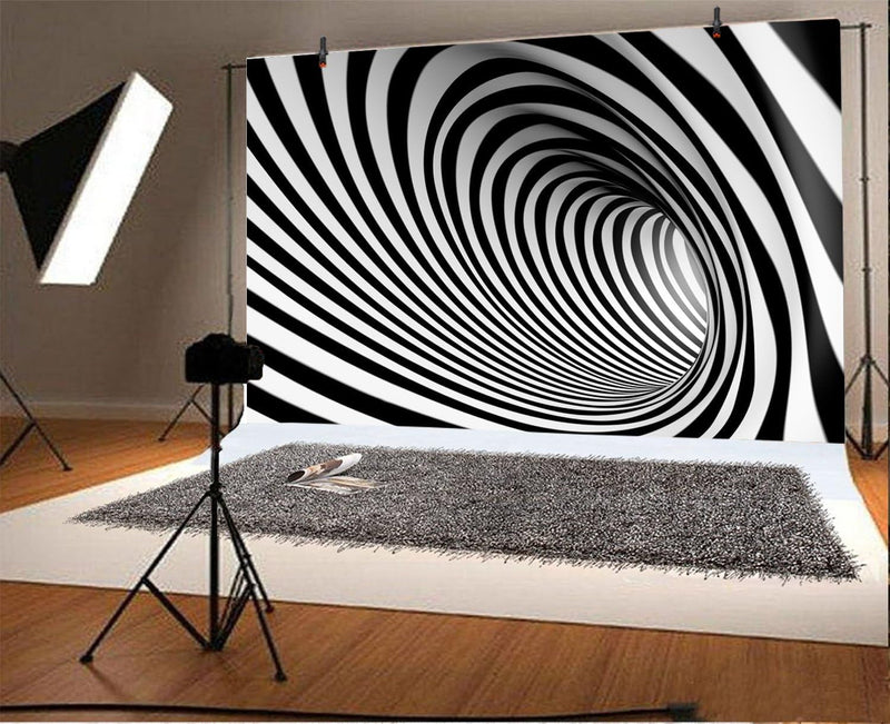 10X7Ft Black and White Spiral Vortex Backdrop Adults Kids Portrait Photo Shoot Futuristic Perspective Pipeline Tube Endless Tunnel Striped Swirl Background for Photography Photo Studio Props