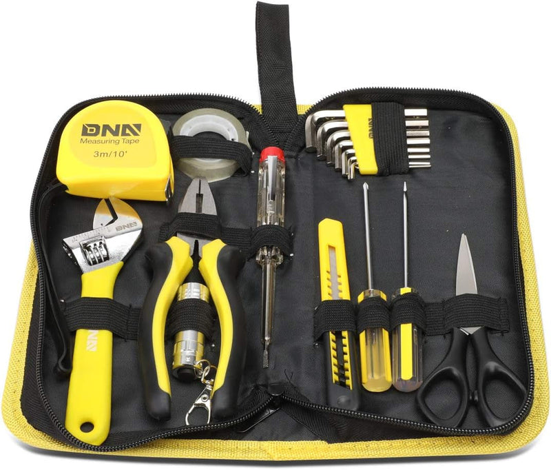 DNA Motoring TOOLS-00029 16 Piece Mechanic'S Home Repair Tool Set with Carrying Case, Includes Pliers, Wrench, Hex Key, Screwdriver, Spirit Level, and Tape Measurer, 1 Set, Yellow/Black