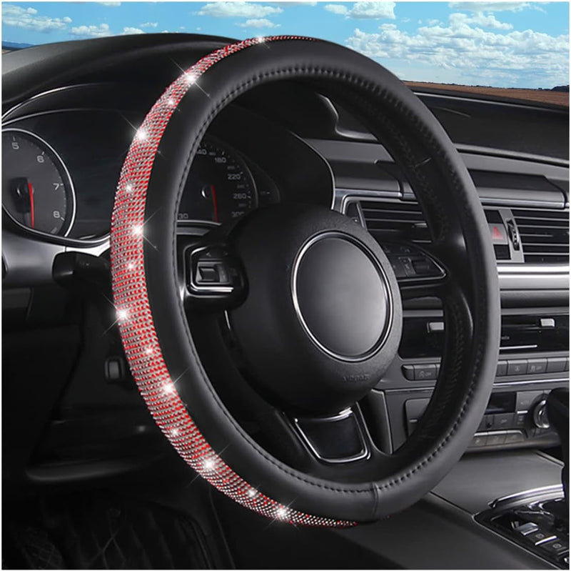 Car Steering Wheel Cover, Microfiber PU Leather Elastic Carbon Fiber Auto Steering Wheel Protector, 15 Inch Breathable Anti-Slip for Women Men, Car Interior Accessories for Most Cars (Black/Red)