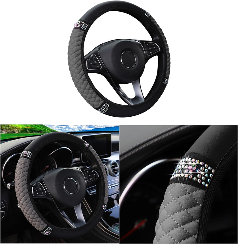 Bling Car Steering Wheel Cover, 15 Inch Rhinestones Soft Leather Elastic Steering Wheel Protector, Sparkly Crystal Diamond for Women Girls, Car Interior Accessories for Most Cars (Black)