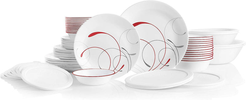 Corelle Vitrelle 78-Piece Service for 12 Dinnerware Set, Triple Layer Glass and Chip Resistant, Lightweight round Plates and Bowls Set, Splendor & Glass 28Oz Red Band Bowl 6Pk