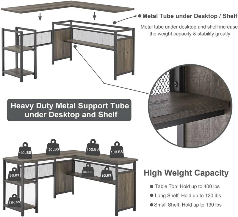 FATORRI L Shaped Computer Desk and 5 Tier Bookshelf for Home Office (Walnut Brown)