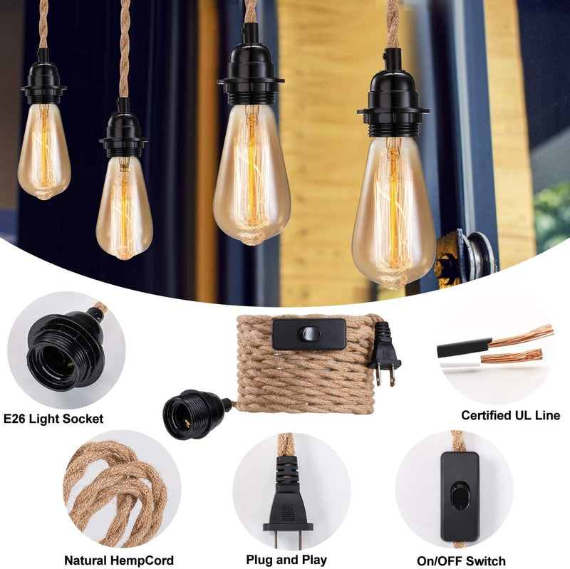 3 Pack Elibbren Plug in Pendant Light Cord Kit with Switch, Vintage Hanging Light Cord with 13.12FT Twisted Hemp Rope Plug in Pendant Kit, Industrial Pendant Lighting DIY Plug in Lamp Fixture