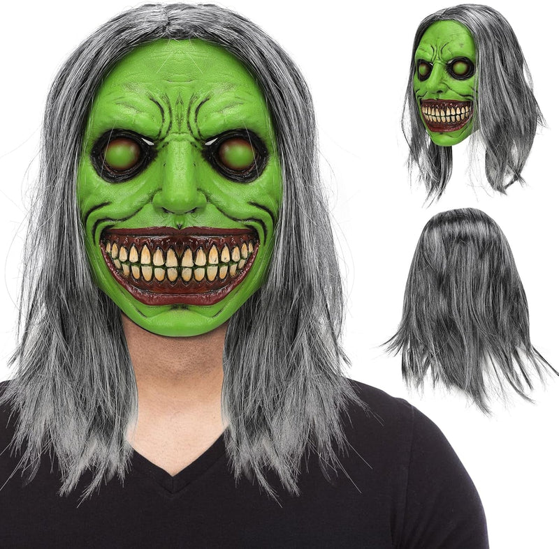 Creepy Smiling Demon Mask Costume Halloween Scary Evil Mask with Grey Hair Horror Ghost Mask Cosplay Prop for Adults