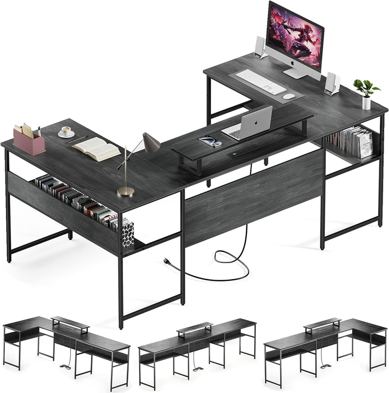 79” U Shaped Desk with Power Outlets, Reversible L Shaped Gaming Desk with Storage Shelves, Large Corner Computer Desk with Monitor Stand, 2 Person Desk for Home Office, Grey Black