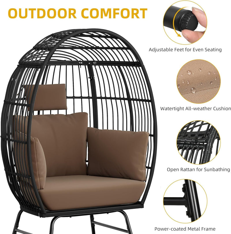 DWVO Outdoor Egg Chair with 2-In-1 Footrest, Patio Wicker Basket Chair with Ottoman, Indoor Egg Chairs with Cushion, Boho Cocoon Chair for Outside, Bedroom, Brown