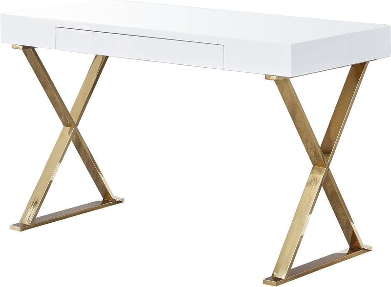 Best Master Furniture Barry Mid-Century High Gloss Home Office Desk with Gold Trim Frame