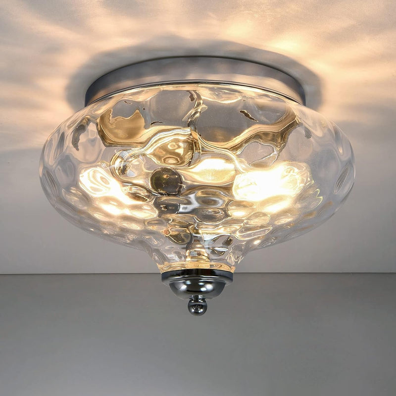 EDISLIVE Modern 2-Light Hammered Glass Flush Mount Light Pendant Ceiling Light Fixture 10.2" Indoor Ceiling Light for Hallyway Foyer Bedroom(Gold)