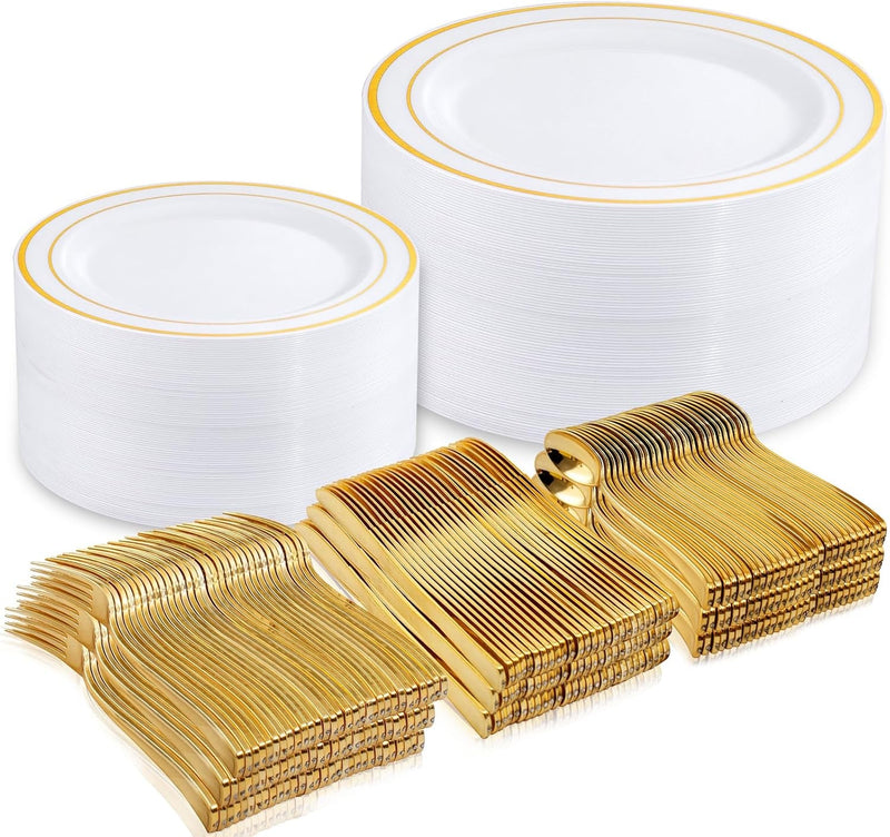 Dayammi 30 Guests Gold Plastic Plates with Disposable Silverware,Gold Cutlery with White Handle,White&Gold Disposable Dinnerware:60 Plastic Plates Gold Rim,90 Plastic Silverware Set for Party Wedding