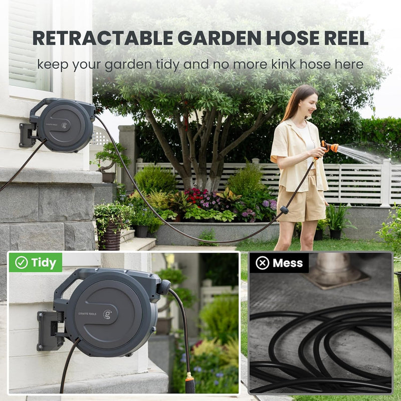 Giraffe Tools AW30 Garden Hose Reel Retractable 1/2" X 100 Ft Wall Mounted Water Hose Reel Automatic Rewind, Any Length Lock, 100 Ft, Dark Grey