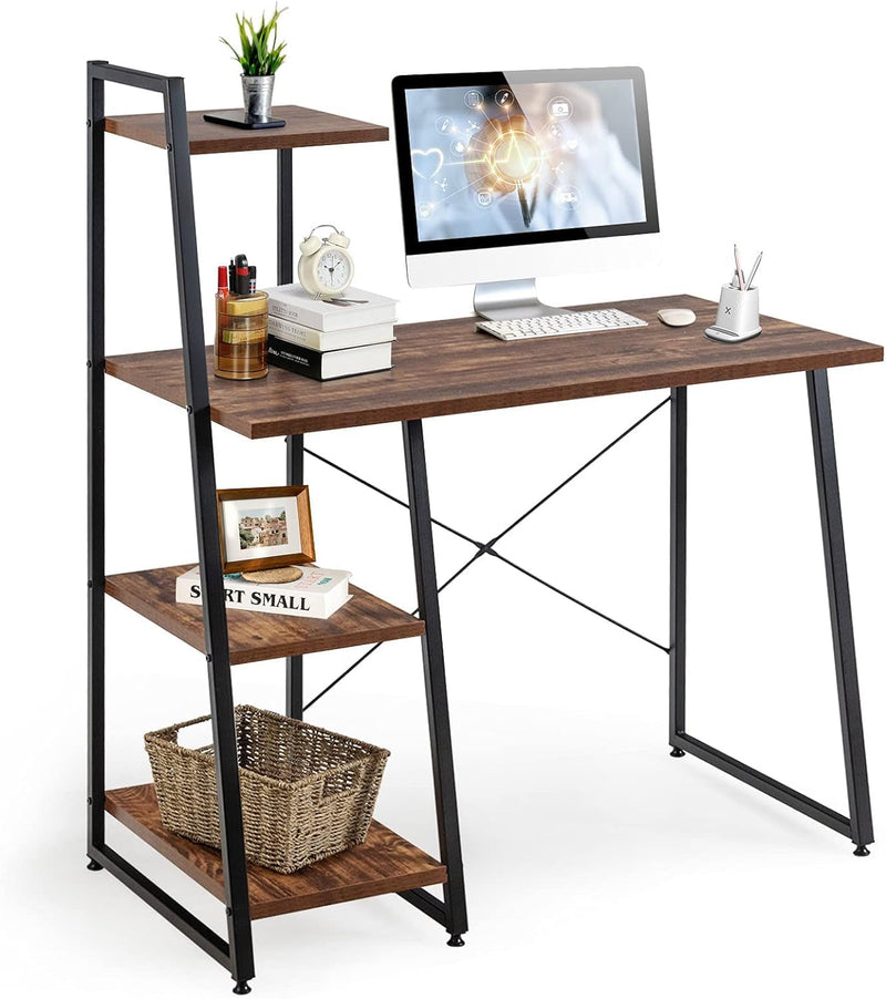 COSTWAY Computer Desk with 4-Tier Storage Shelves, Home Office Desk Writing Table with Sturdy X-Shape Frame, Adjustable Foot Pads, Modern Small Study Desk, Wide Tabletop (Natural and White)