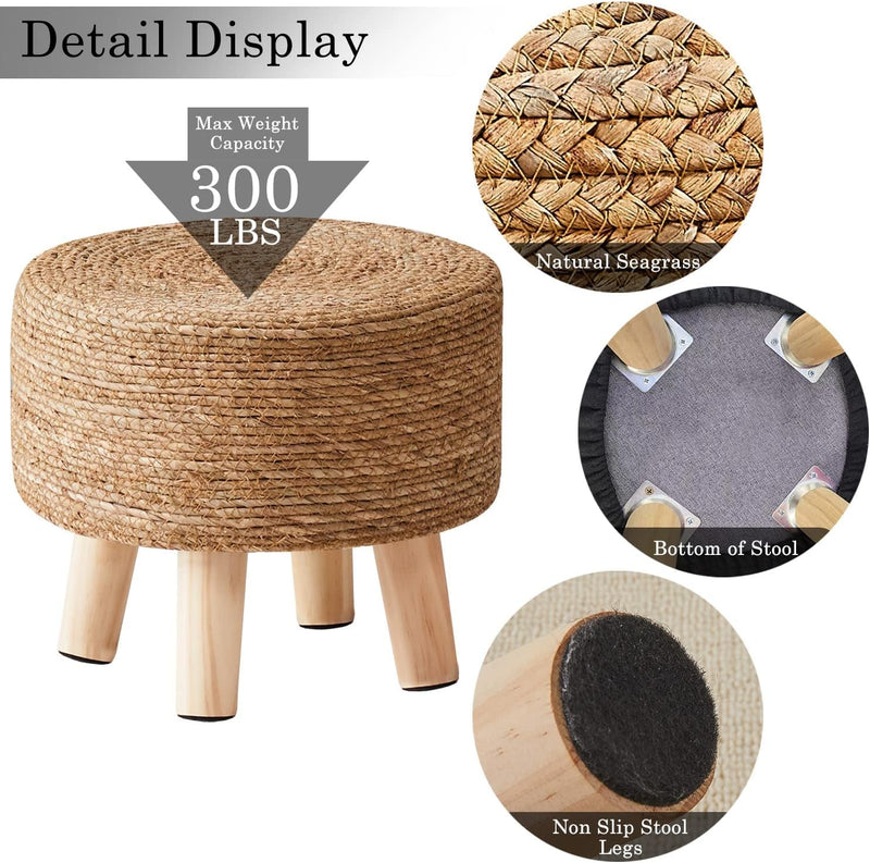 Cpintltr Foot Stool Natural Seagrass Hand Weave Poufs round Ottoman for Couch Desk Soft Step Stool Padded Foot Rest with Non-Skid Pine Legs for Hallway Office Lounge Natural