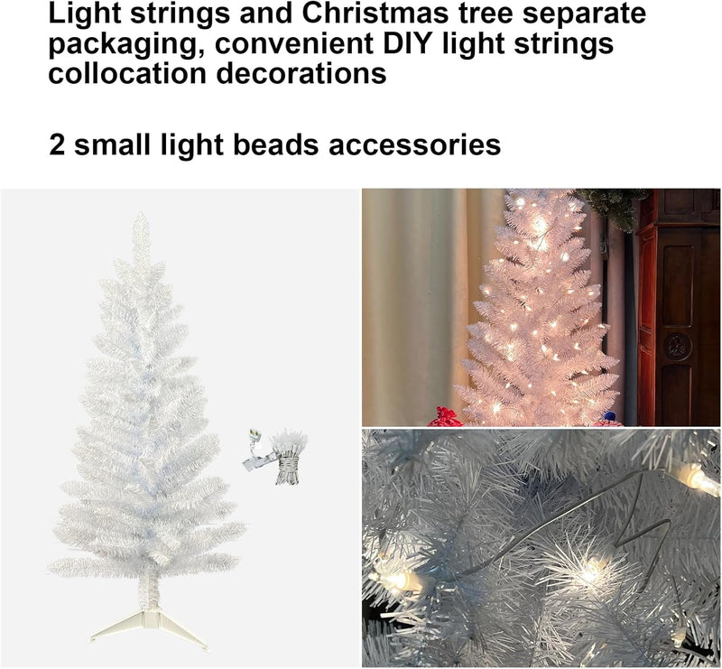 3FT Pre-Lit Artificial Mini Christmas Tree, Premium Small Fake Christmas Tree with String Lights for Home Office Holiday Party Decoration with Foldable Stand, Easy Assembly, White Tinsel