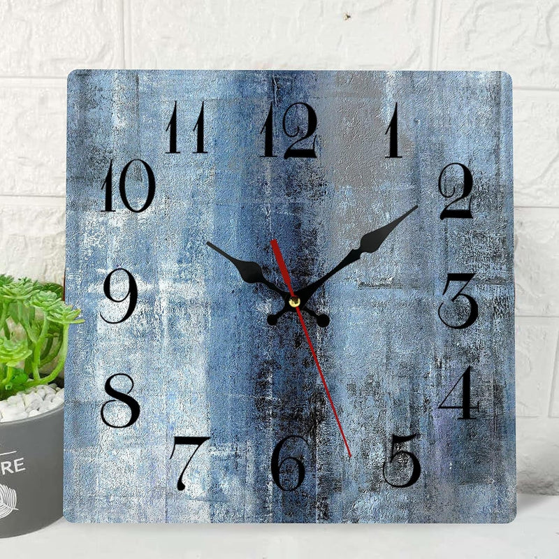 Artsocket Wooden Wall Clock Silent Non-Ticking, Green Blue Grey Teal Abstract Painting Gray Square Rustic Coastal Wall Clocks Decor for Home Kitchen Living Room Office, Battery Operated(12 Inch)