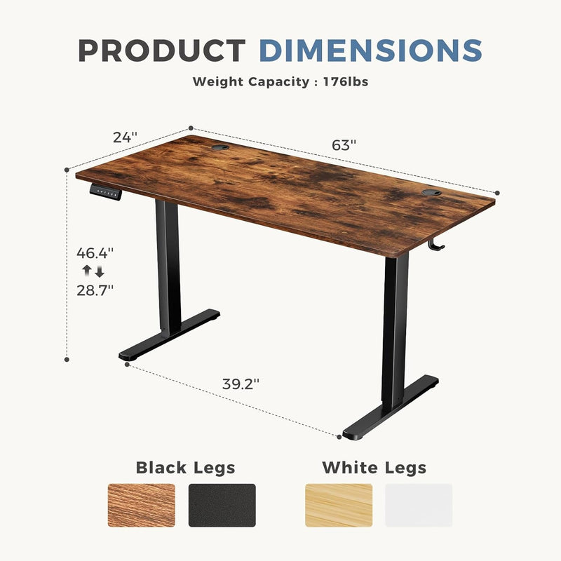 DUMOS Whole-Piece Desktop, 63X24In Electric Height Modern Sit Stand Memory Controller, Adjustable Computer Desk for Home Office Study Gaming, Rust Brown