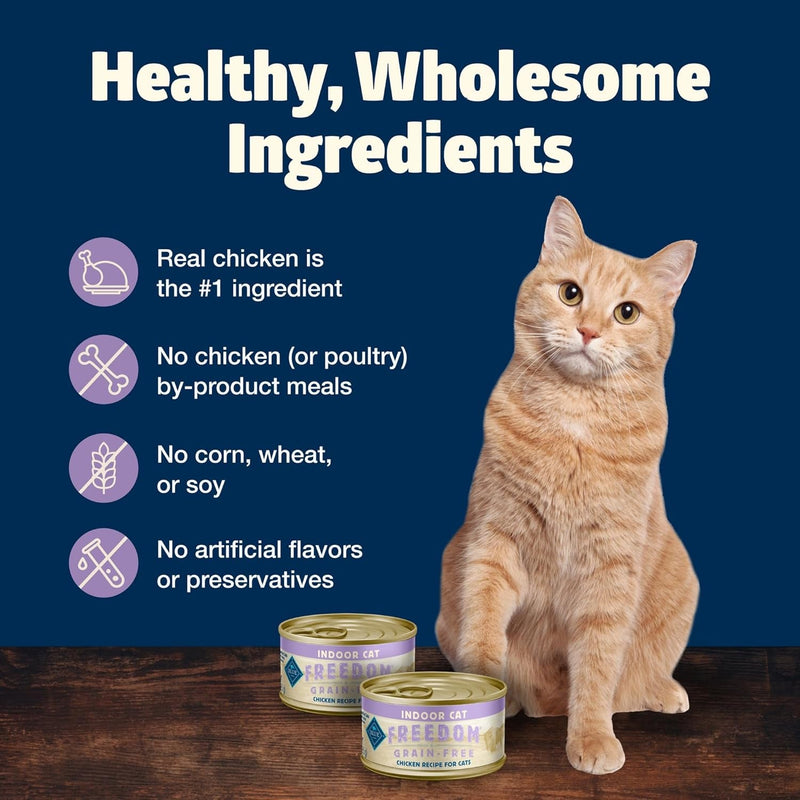 Blue Buffalo Freedom Grain-Free Adult Wet Cat Food, Complete & Balanced Nutrition for Indoor Cats, Made with Natural Ingredients, Chicken Recipe, 5.5-Oz. Cans (24 Count)