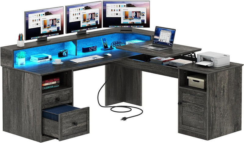 DWVO L Shaped Desk with Drawers, 60” Corner Computer Desk with Power Outlets & Lift Top, Home Office Desk with Storage Cabinet & LED Lights, Wood Desk, Height Adjustable Desk, Grey