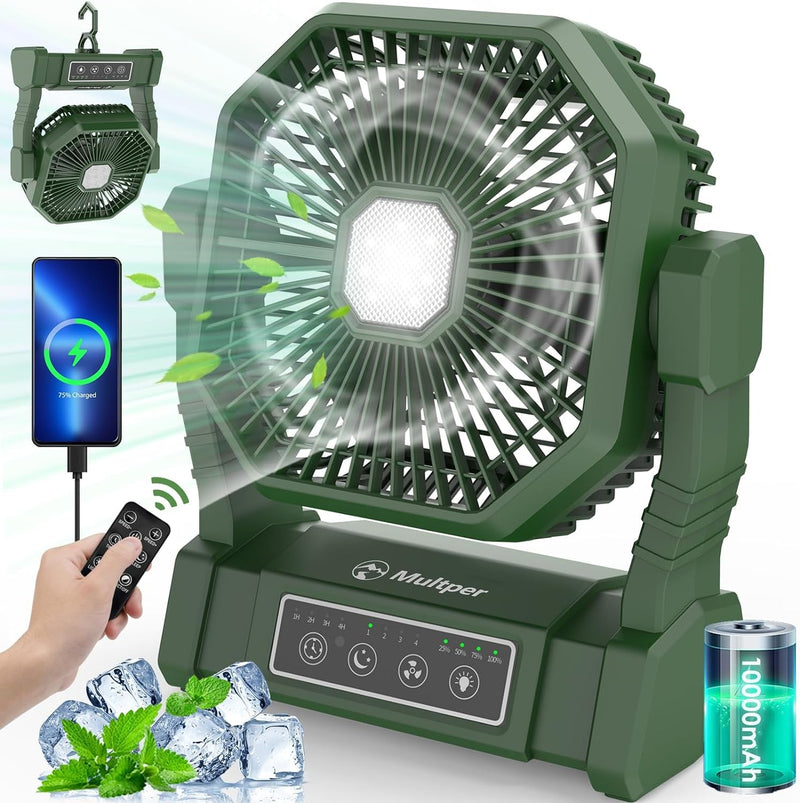 10000Mah Camping Fan Rechargeable with LED Lantern, Battery Operated Fan Outdoor Camping Fans for Tents with Remote & Hook, 4 Speed Powerful USB Table Fan for Fishing, Camping, Travel, Jobsite (Black)