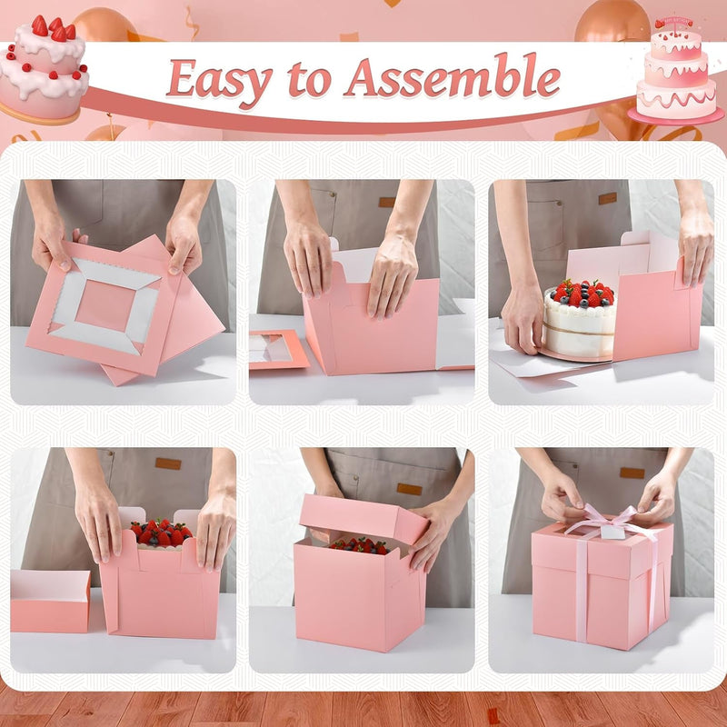 40Pcs 8X8X8 Inch Cake Boxes, 20Pcs Pink Bakery Boxes with Window (20Pcs Cake Boards), Square Cake Carrier Container Disposable Pie Boxes Package for Bake Decorating Supplies