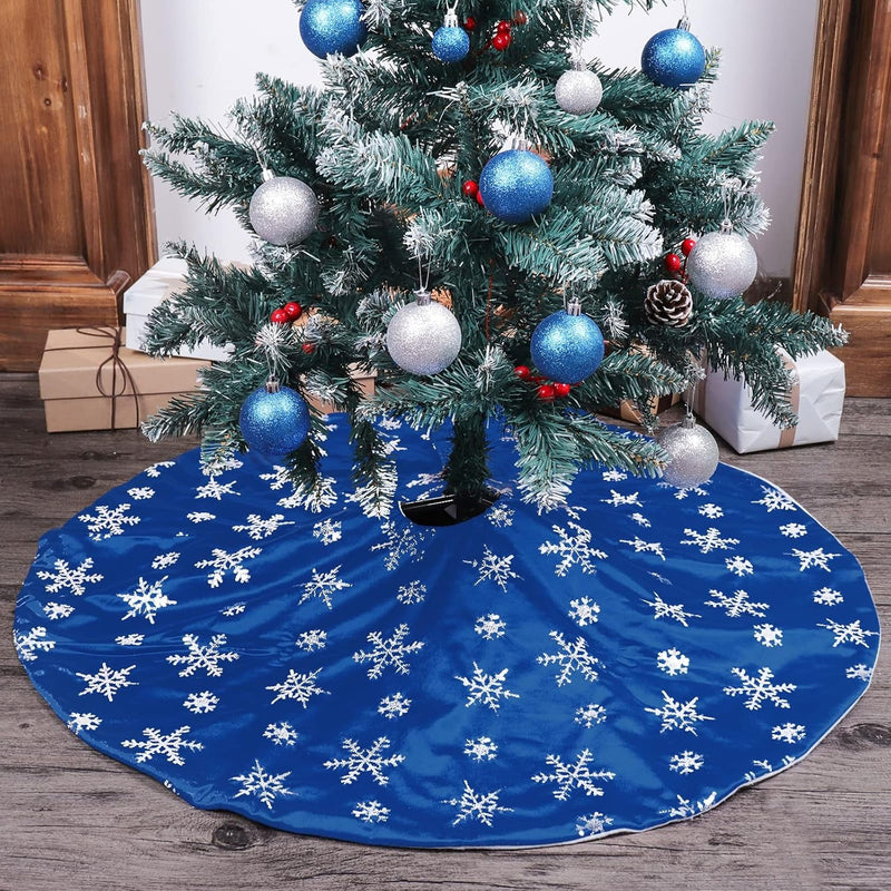 Christmas Tree Skirt, 36 Inches Blue Mercerized Velvet Skirt with Silver Sequin Snowflake for Rustic Xmas Tree Holiday Decorations