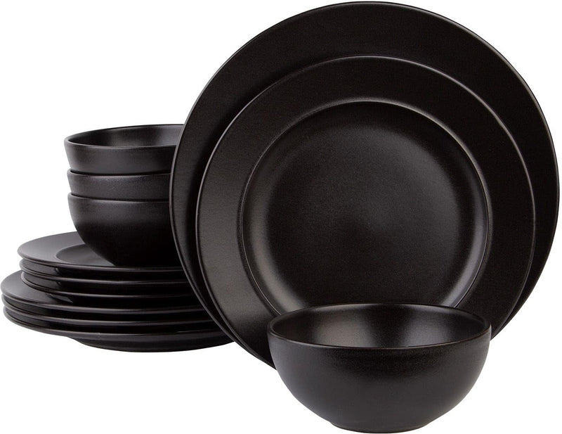 12 Piece Dinnerware Set by Glavers Service for 4, round Black Matte Dishes – High-End Portuguese Quality Stoneware Set – Includes 4 Dinner Plates 4 Salad Plates, and 4 Bowls Dishwasher Microwave Safe.