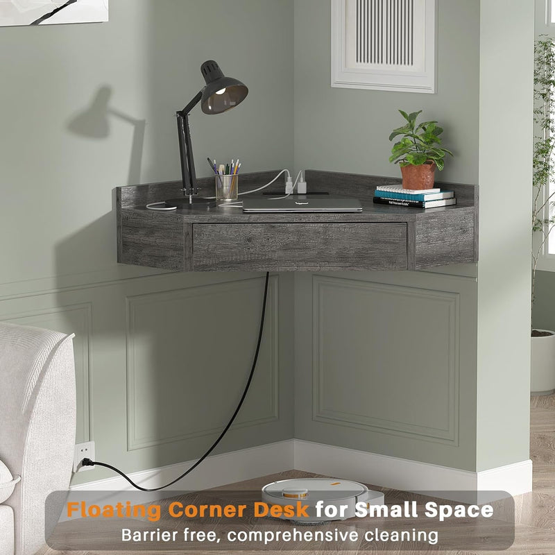 Armocity Floating Corner Desk with Outlets & USB Ports, Wall-Mounted Corner Table for Small Space, Triangle Computer Desk with Drawer for Home Office, Vanity Desk, Corner Space, Bedroom, Gray
