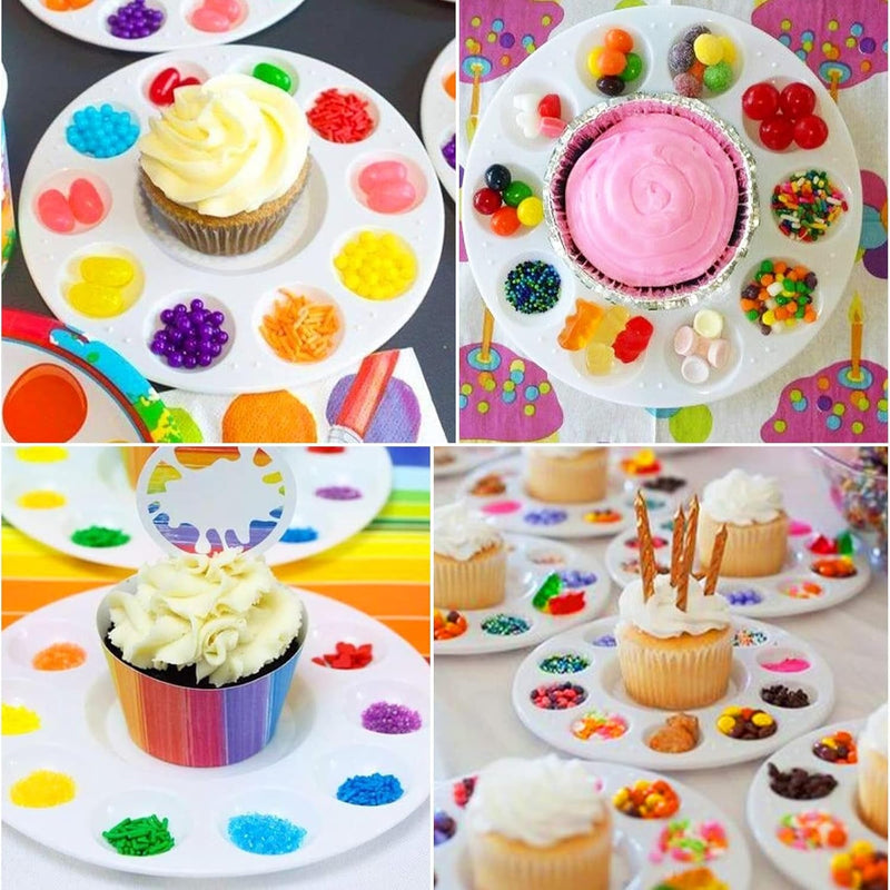 AIERSA Cupcake Decorating Plates for Kids Party, Kids Cupcake Holder Decorating Tray with 10 Wells for Dessert Sprinkles, Kids Birthday Party Supplies(Set of 10)