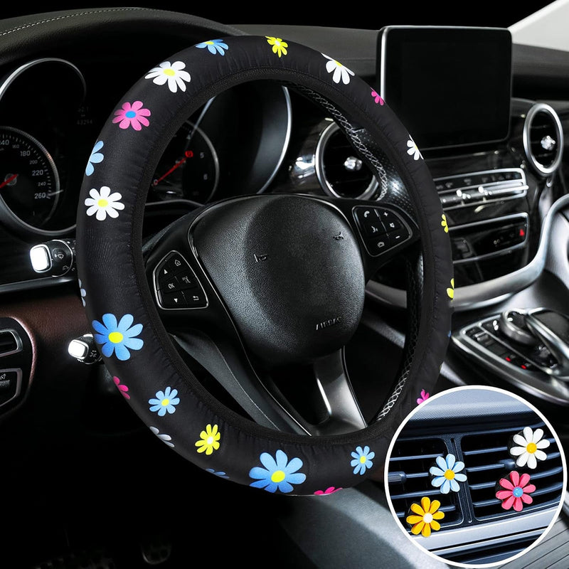 Cute Steering Wheel Cover Flower Steering Wheel Cover Floral Steering Wheel Cover for Women with 4 Pieces Cute Flowers Car Air Vent Clips for Women Car Decorations (Daisy Style)