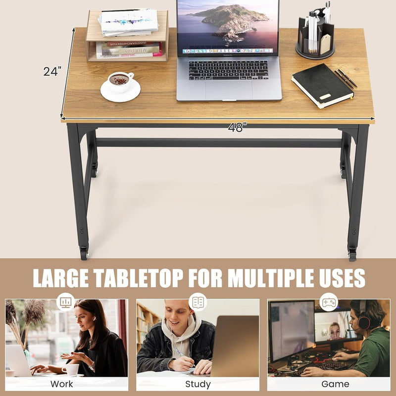 COSTWAY 48” Mobile Computer Desk, Home Office Desk on Wheels, Simple Study Writing Table with 4 Lockable Wheels, Metal Frame, Rolling Laptop PC Table for Small Space (Natural)