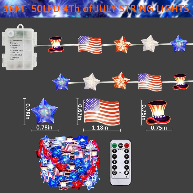 American Flag Lights 4Th of July Decorations Red White and Blue Star String Lights, Battery Operated 50 LED July 4Th Patriotic Lights for Independence Day Memorial Day Fourth of July Decor for Home