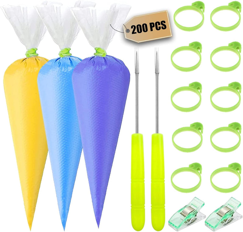 214 Pecies Disposable Piping Pastry Bags, 200Pcs Tipless Piping Bags for Royal Icing Cookies Frosting, Cake Decorating Supplies Kit with 10 Piping Bags Ties, 2 Bag Clips & 2 Scriber Needle(12Inch)