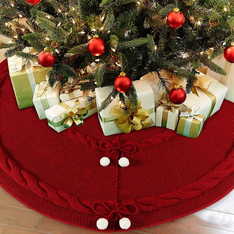 Aerwo Knitted Christmas Tree Skirt 48 Inches, Large Red Tree Skirt Luxury Christmas Decorations, Thick Xmas Tree Skirt with Cute Bow and White Fluffy Ball for Holiday Party Christmas Decor