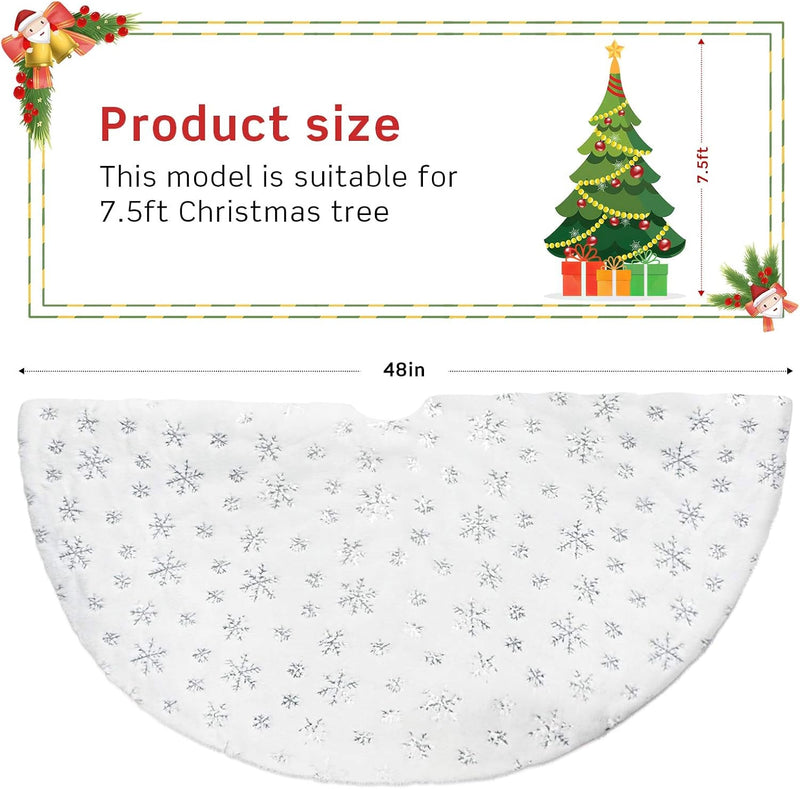 COOLWUFAN 48 Inches Christmas Tree Skirt for Xmas Tree Holiday Party Decorations White Plush Silver Sequin Snowflake (Silver)