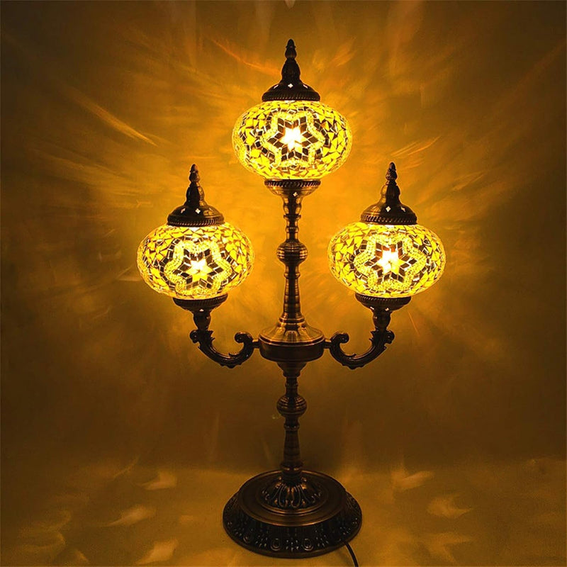 3-Head Table Lamps Turkish Mosaic Night Lamp Handmade Mediterranean Gooseneck Bedside Light for Living Room Bedroom Cafe Bar, 29.5 Tall,A