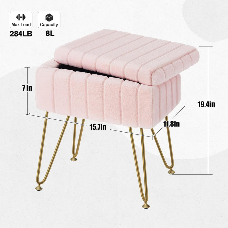 Greenstell Vanity Stool Chair Faux Fur with Storage, 15.7"L X 11.8"W X 19.4"H Soft Ottoman 4 Metal Legs with Anti-Slip Feet, Furry Padded Seat, Modern Multifunctional Chairs for Makeup, Bedroom Pink