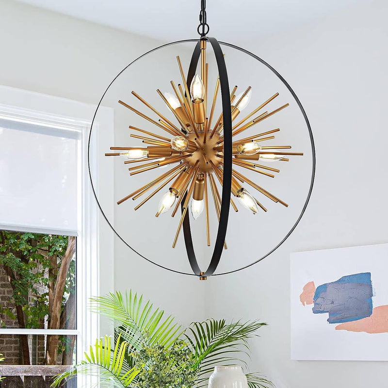 15.8'' Black Gold 8-Light Sputnik Chandelier Modern Industrial Adjustable Hanging Geometric Pendant Light Fixture for Entryway Foyer Stairway Hallway Bedroom Living Room Kitchen Island