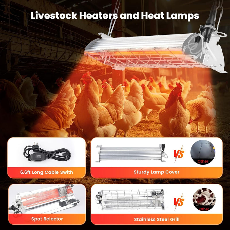 300W Large Chicken Coop Heater, Carbon Fiber Heating Lamp Outdoor Winter, Protable 2 Mode Temp & Hanging Height for Coop Rabbits Livestock Heating Plate Chicks Poultry House- Size:14X5.5In