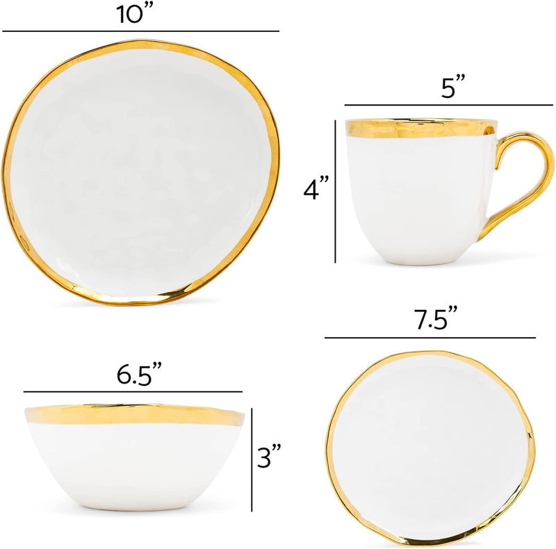 Elanze Designs 16-Piece Metallic Bubble Porcelain Ceramic Plates Bowls Mugs Dinnerware Set - Service for 4, White with Gold Accents