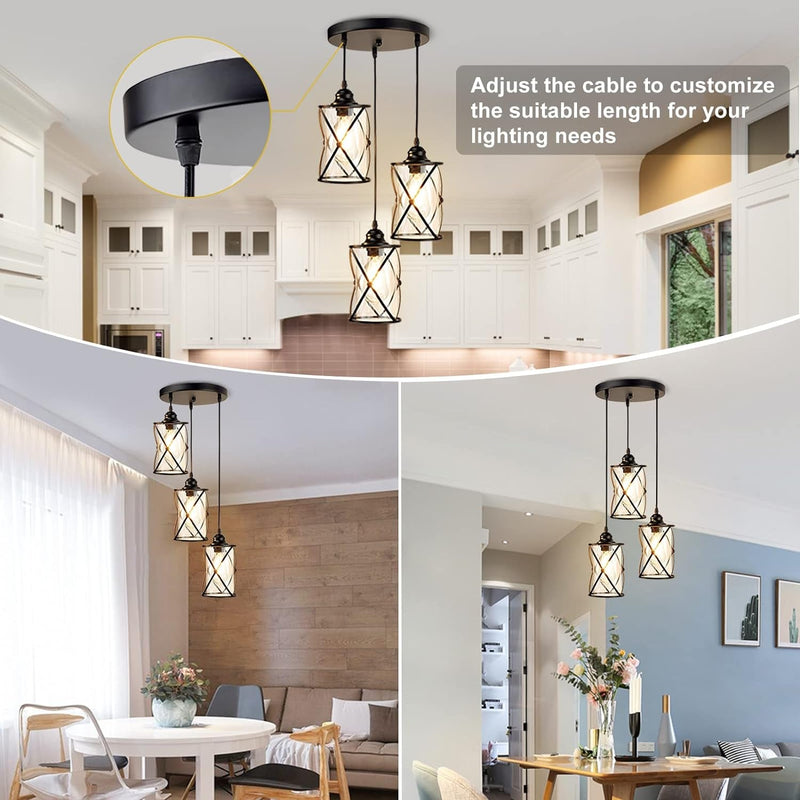 DLLT 3-Light Industrial Pendant Light, Black Metal Cage Hanging Chandelier Lights with Glass Shade, Vintage Style Flush Mount Swag Lighting Fixture for Kitchen/Dining Room/Hallway/Bedroom, E26 Base