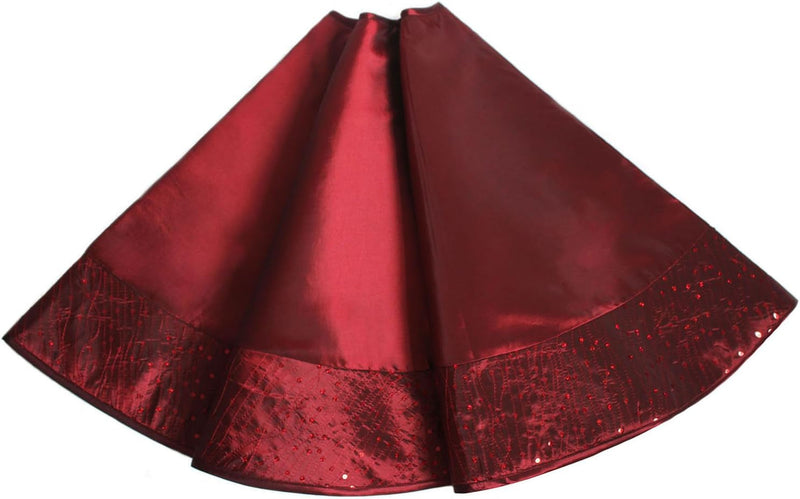 Burgundy Faux Silk Center,Sparkle Glitter Sequin Border Christmas Tree Skirt Xmas Tree Decoration -42Inch