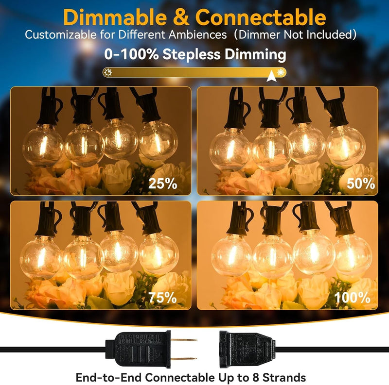 100Ft Outdoor String Lights Waterproof/Connectable/Dimmable with 62 LED Shatterproof Bulbs UL Listed, G40 Globe 2700K Patio Lights Outdoor Lighting for Backyard Porch Cafe Party Wedding Garden