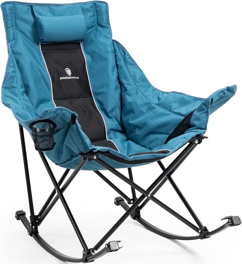 Dowinx Oversized Rocking Camping Chair, Fully Padded Patio Chair with Side Pocket and Carry Bag, High Back Portable Lawn Recliner with Headrest, Support 300 Lbs, Black